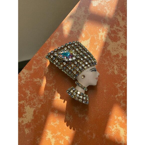 Swarovski Jewelry - Vintage Hand Painted Egyptian Queen Nefertiti Porcelain and Swarovski Brooch